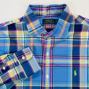 Polo Ralph Lauren Mens L Blue Multi Color Plaid Long Sleeve Button Down Shirt